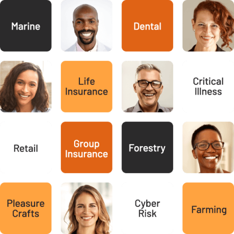 Thumbnail profiles of professional business people representing experts for different types of financial and insurance solutions. 